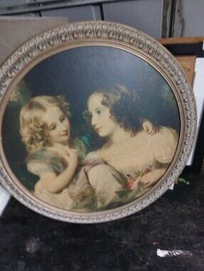 Vintage Round Framed Portrait of Two Girls in Cream and Teal